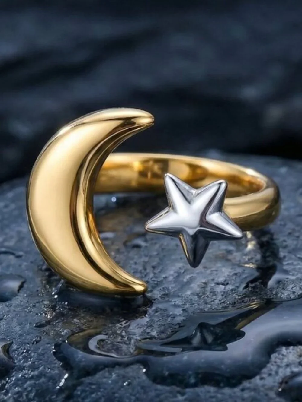 Two-Tone Moon Star Celestial Ring 18K Gold Plated Stainless Steel Adjustable 7-9